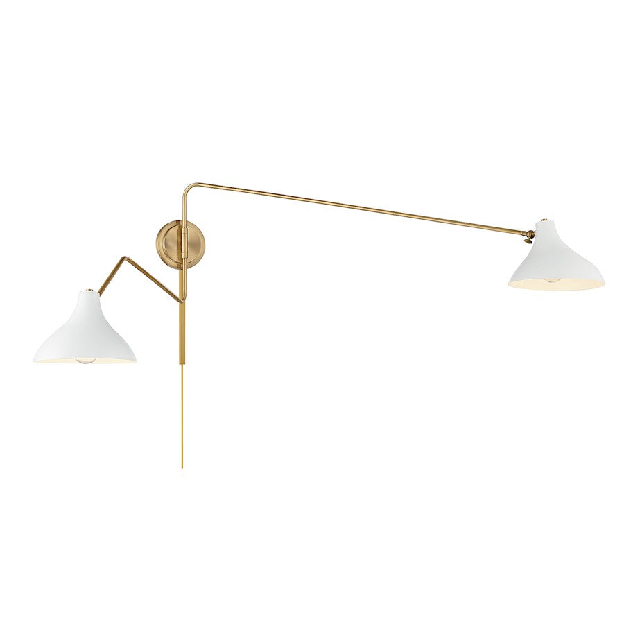 2-Light 21" Wall Sconce, White/Natural Brass