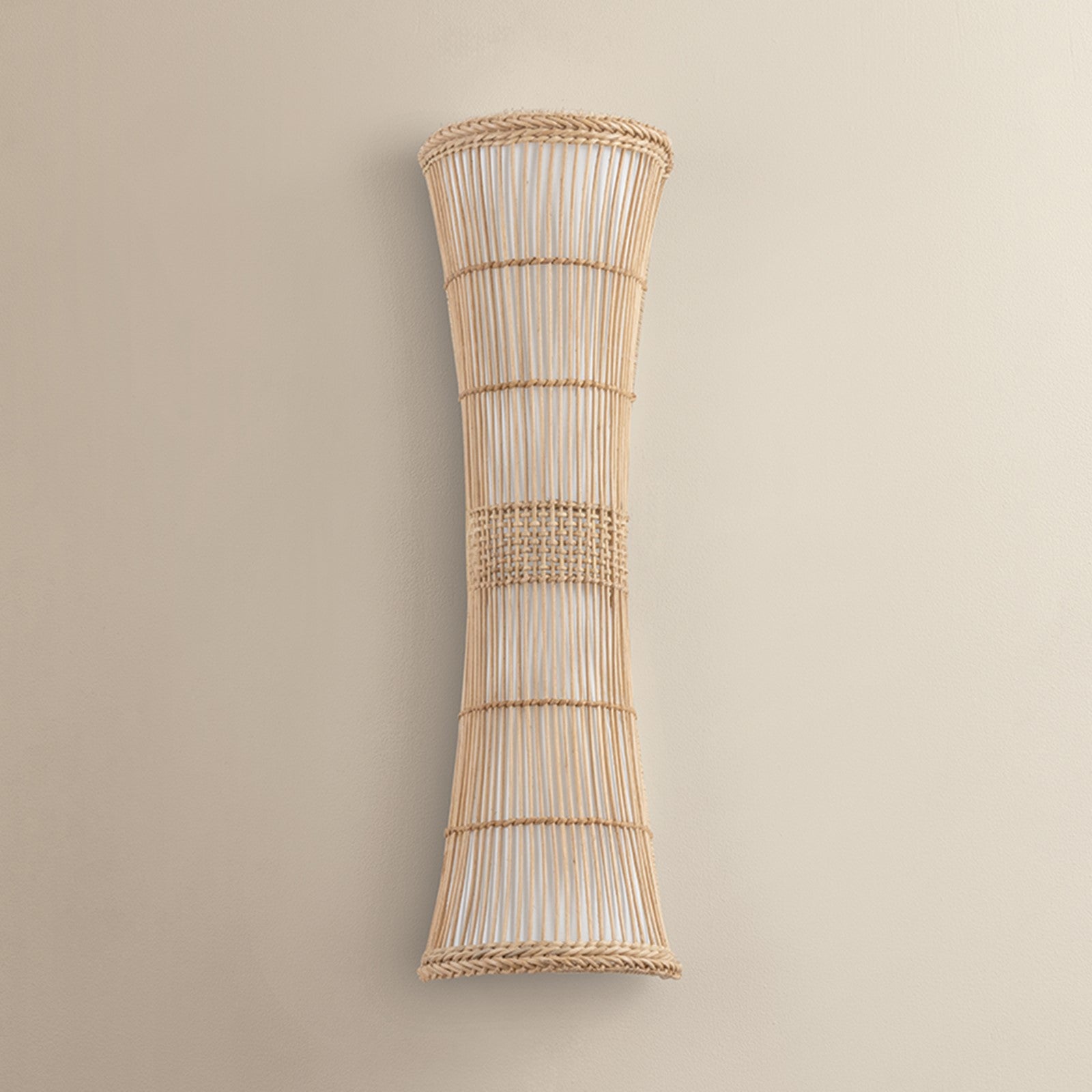 Troy Lighting Zander 2Lt Wall Sconce, Soft Wht/Rattan/Off Wht Linnen