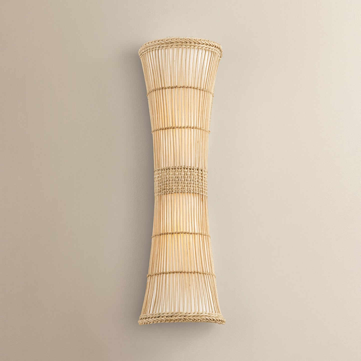 Troy Lighting Zander 2Lt Wall Sconce, Soft Wht/Rattan/Off Wht Linnen