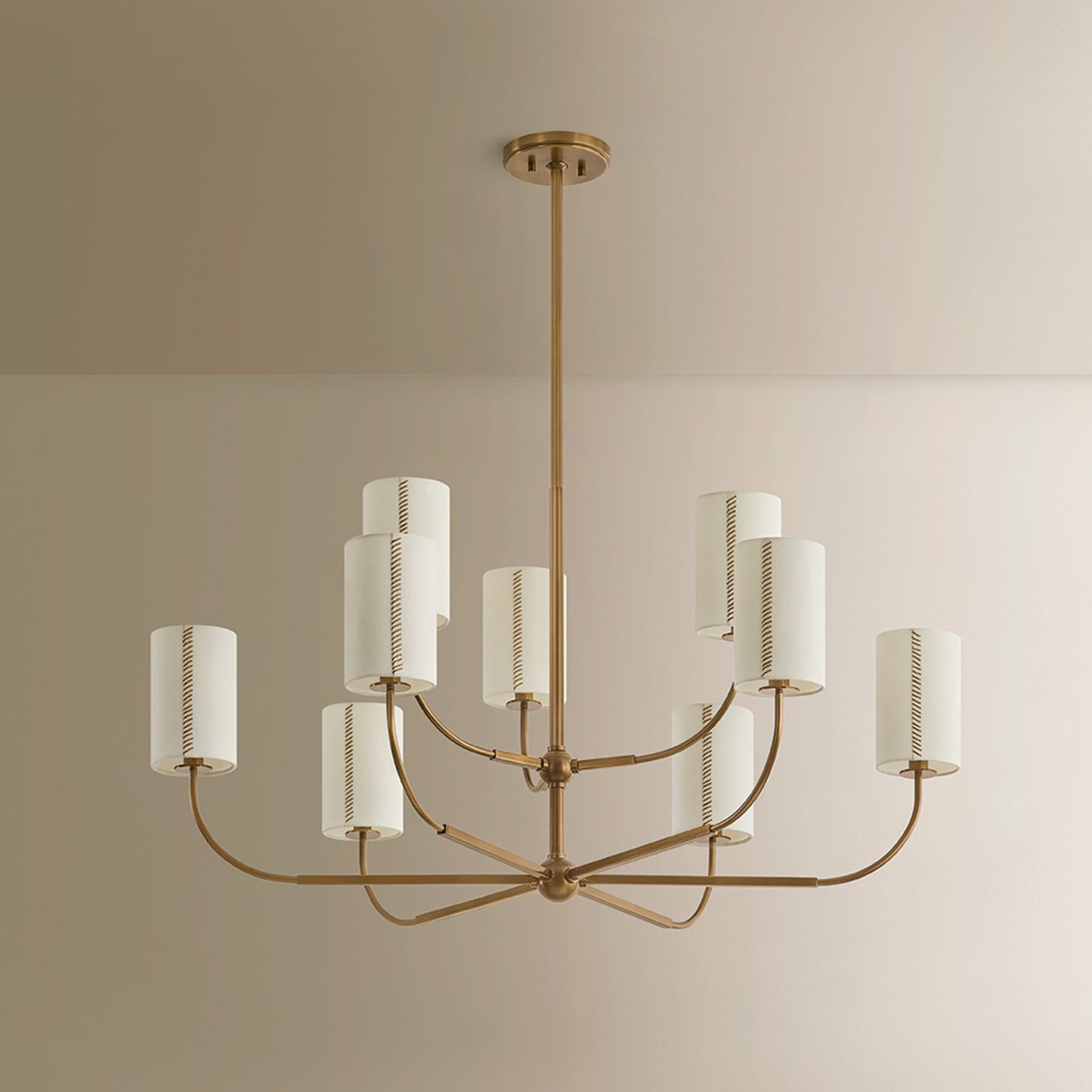 Troy Lighting Teddy 9Lt Chandelier, Brs/Off-wht Linen/Cotton Stitch