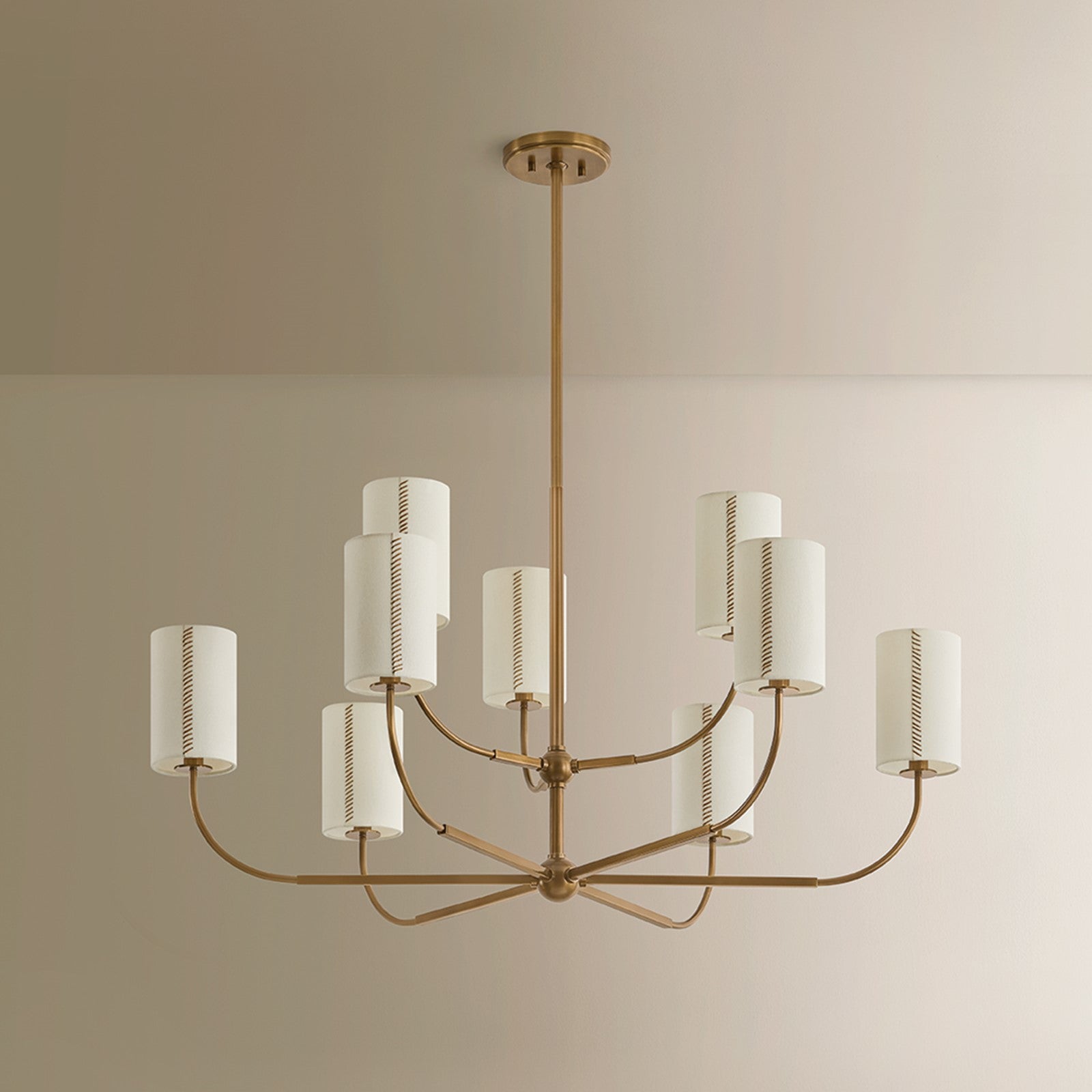 Troy Lighting Teddy 9Lt Chandelier, Brs/Off-wht Linen/Cotton Stitch