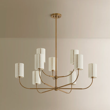 Troy Lighting Teddy 9Lt Chandelier, Brs/Off-wht Linen/Cotton Stitch