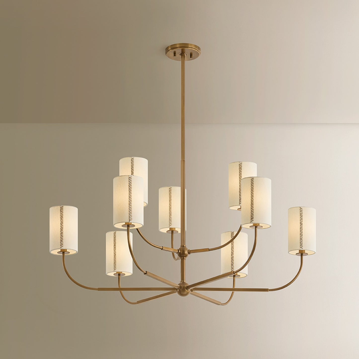 Troy Lighting Teddy 9Lt Chandelier, Brs/Off-wht Linen/Cotton Stitch
