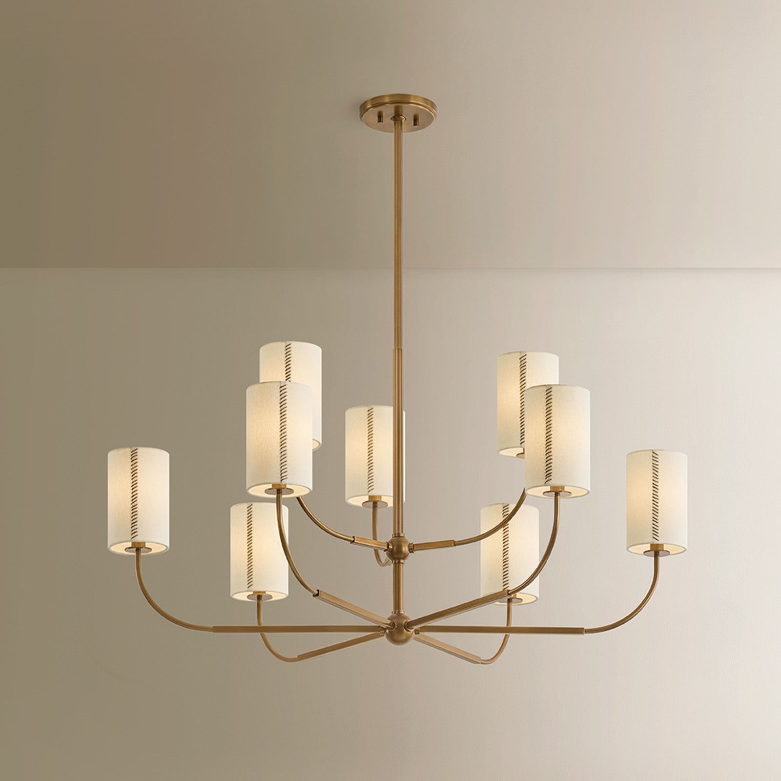 Troy Lighting Teddy 9Lt Chandelier, Brs/Off-wht Linen/Cotton Stitch