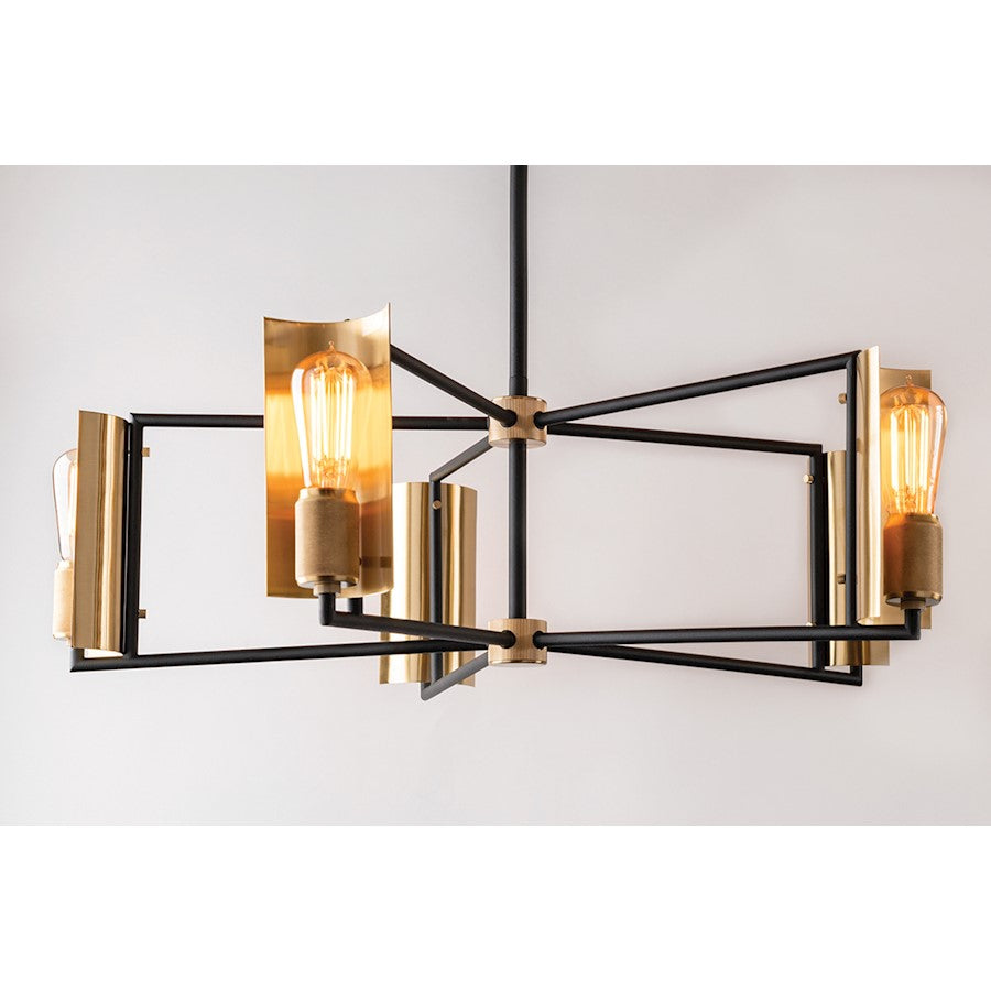 5 Light Chandelier, Black & Brass