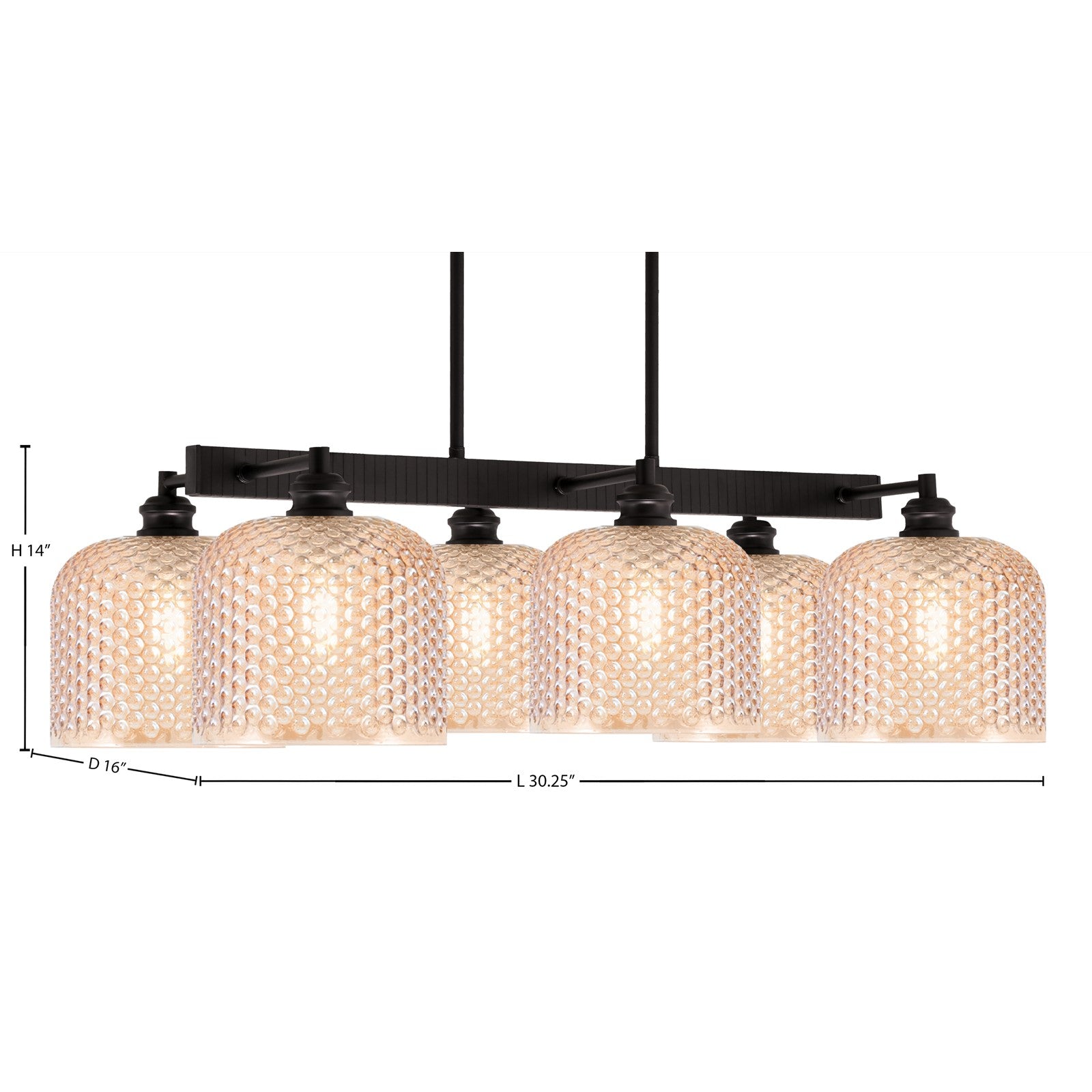 Toltec Edge 30.25in 6-Light Island Light | Industrial Espresso Steel and Amber Textured Glass | Kitchen Island & Dining Room | 30.25 x 16 x 14 in | Model 1186-ES-4613