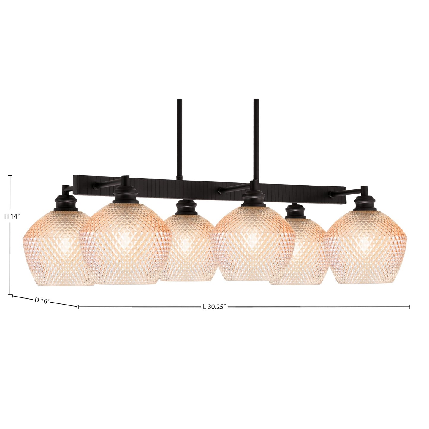 Toltec Edge 30.25in 6-Light Linear Island Light | Industrial Espresso Steel and Amber Textured Glass | Kitchen Island & Dining Room | Model 1186-ES-4623