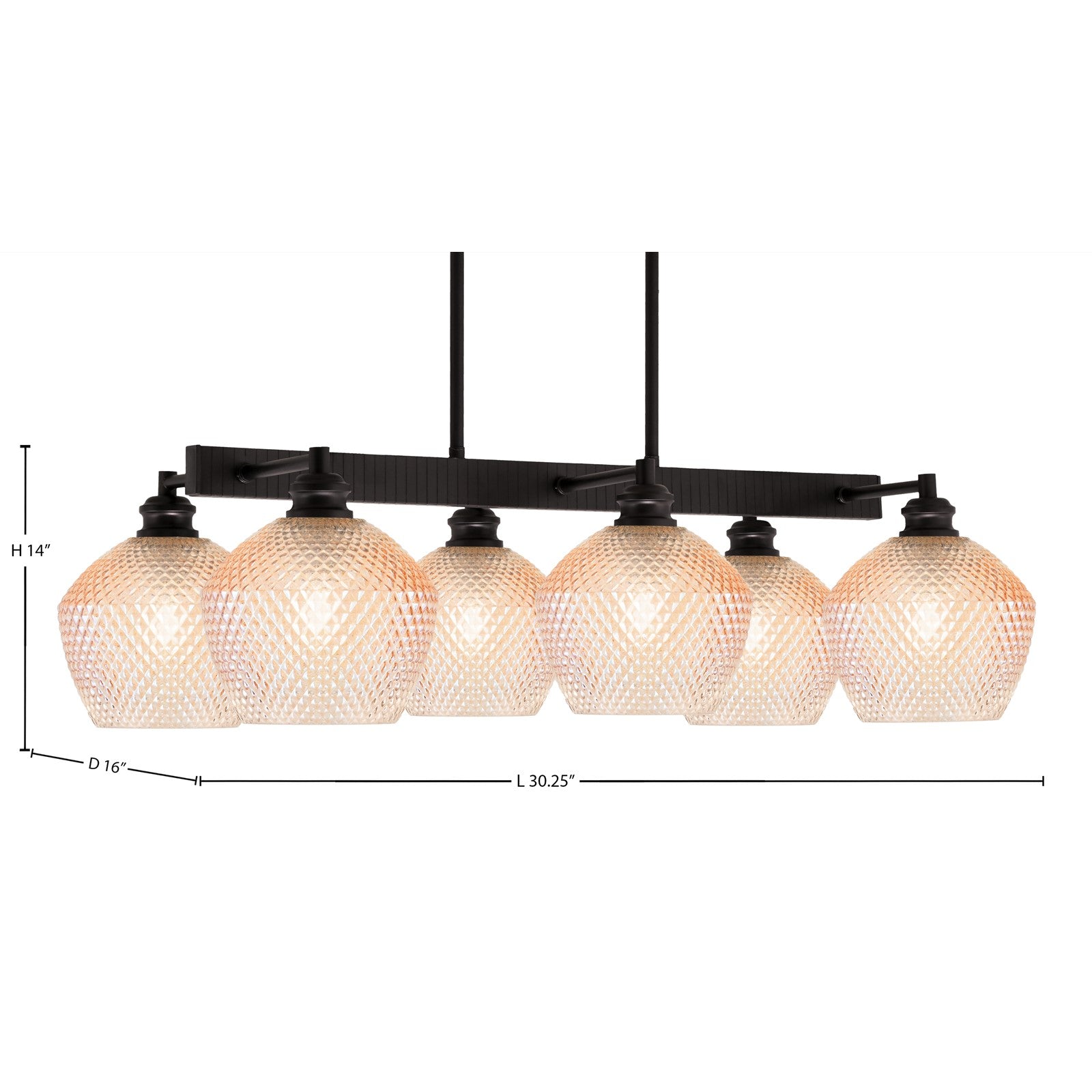 Toltec Edge 30.25in 6-Light Linear Island Light | Industrial Espresso Steel and Amber Textured Glass | Kitchen Island & Dining Room | Model 1186-ES-4623