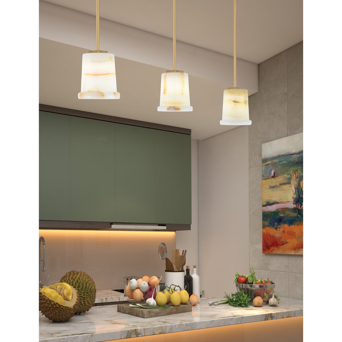 Toltec Franklin 6in 1-Light Mini Pendant | Transitional New Age Brass and Natural Stone | Kitchen Island & Dining Room | Model 1201-NAB-4128