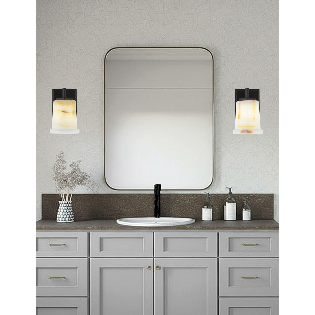 Toltec Franklin 9in 1-Light Wall Sconce | Modern Matte Black and Natural Stone Shade | Bathroom & Hallway Accent Light | Model 1211-MB-4128
