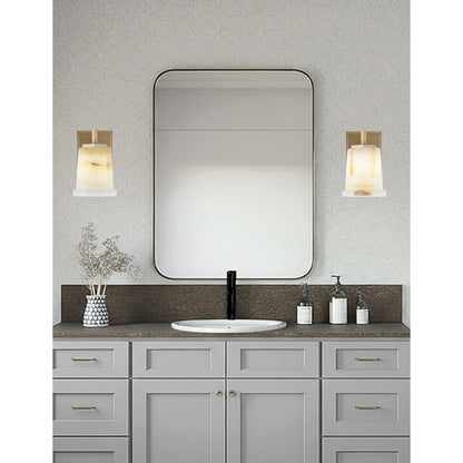 Toltec Franklin 9in 1-Light Wall Sconce | New Age Brass and Natural Stone Shade | Bathroom & Hallway | 4.5 x 6 x 9 in | Model 1211-NAB-4128