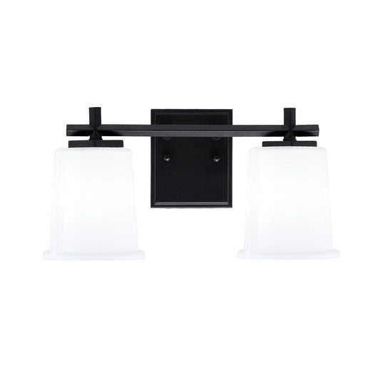 Toltec Franklin 2-Light Bath Bar | Matte Black Steel and White Opal Glass | Bathroom Vanity Light | 6.75 x 7.75 in | Model 1212-MB-5031