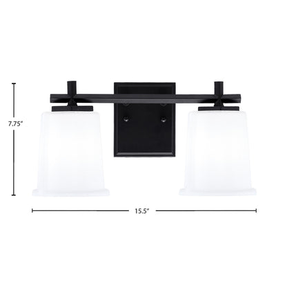 Toltec Franklin 2-Light Bath Bar | Matte Black Steel and White Opal Glass | Bathroom Vanity Light | 6.75 x 7.75 in | Model 1212-MB-5031