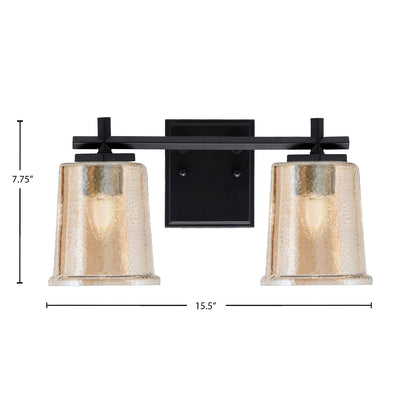 Toltec Franklin 2-Light Bath Bar | Matte Black Steel and Amber Bubble Glass | Bathroom Vanity Light | 6.75 x 7.75 in | Model 1212-MB-5033