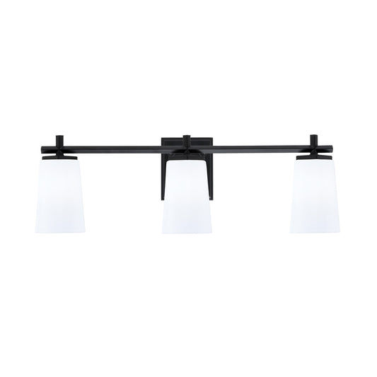 Toltec Franklin 11.25in 3-Light Bath Bar | Modern Matte Black Steel and White Opal Glass | Bathroom Vanity Light | 5.5 x 11.25 in | Model 1213-MB-261