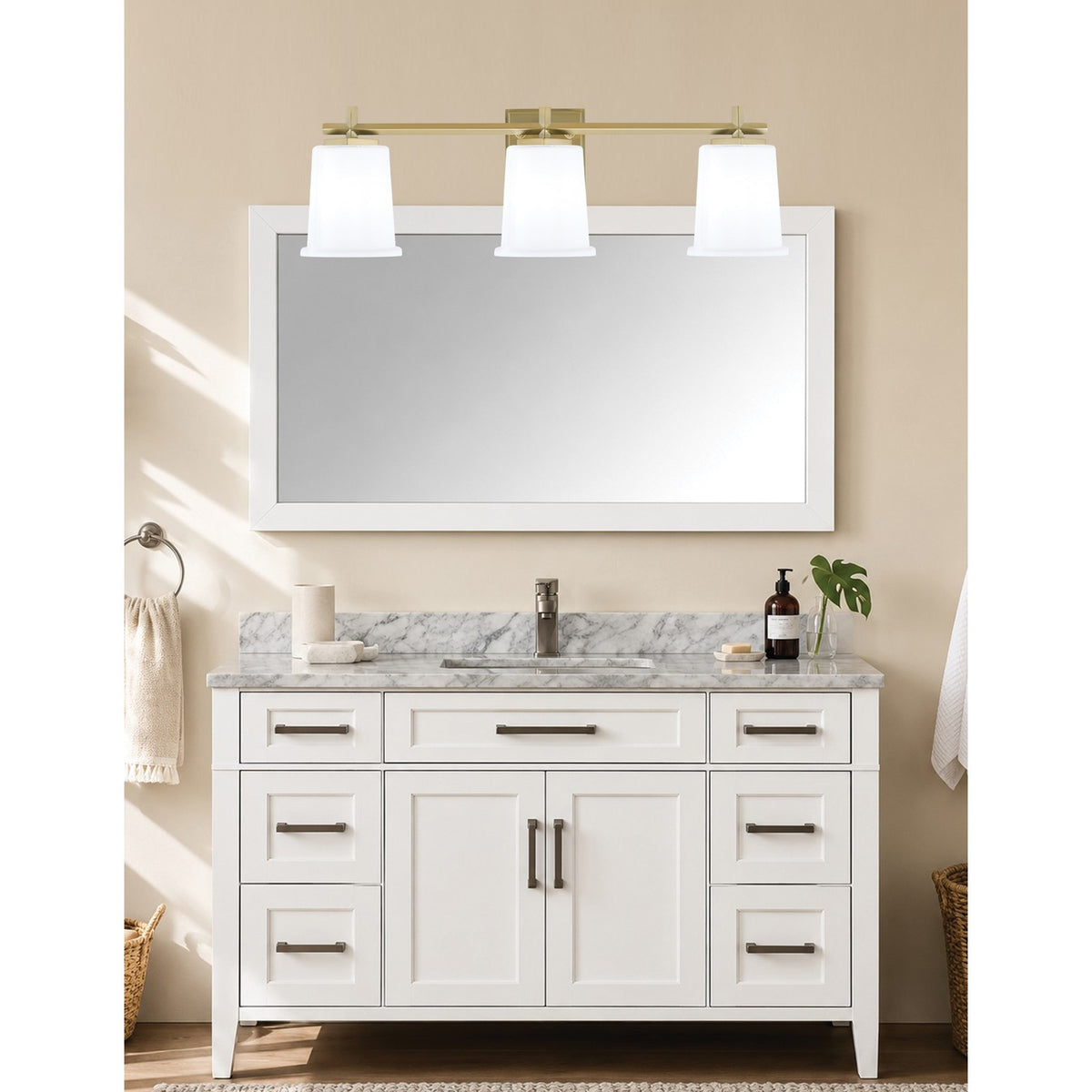 Toltec Franklin 3-Light Bath Bar | New Age Brass and White Opal Glass | Bathroom Vanity Light | 5.5 x 10.25 in | Model 1213-NAB-5031