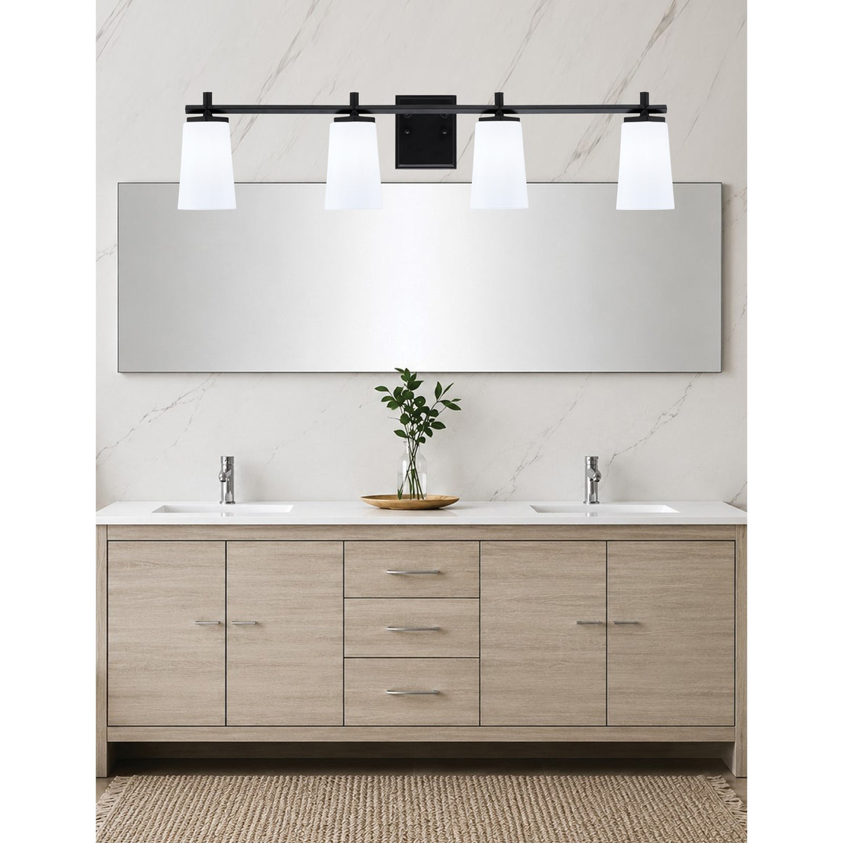 Toltec Franklin 4-Light Bath Bar | Modern Matte Black Finish and White Opal Glass | Bathroom Vanity & Powder Room | 5.5 x 11.25 in | Model 1214-MB-261