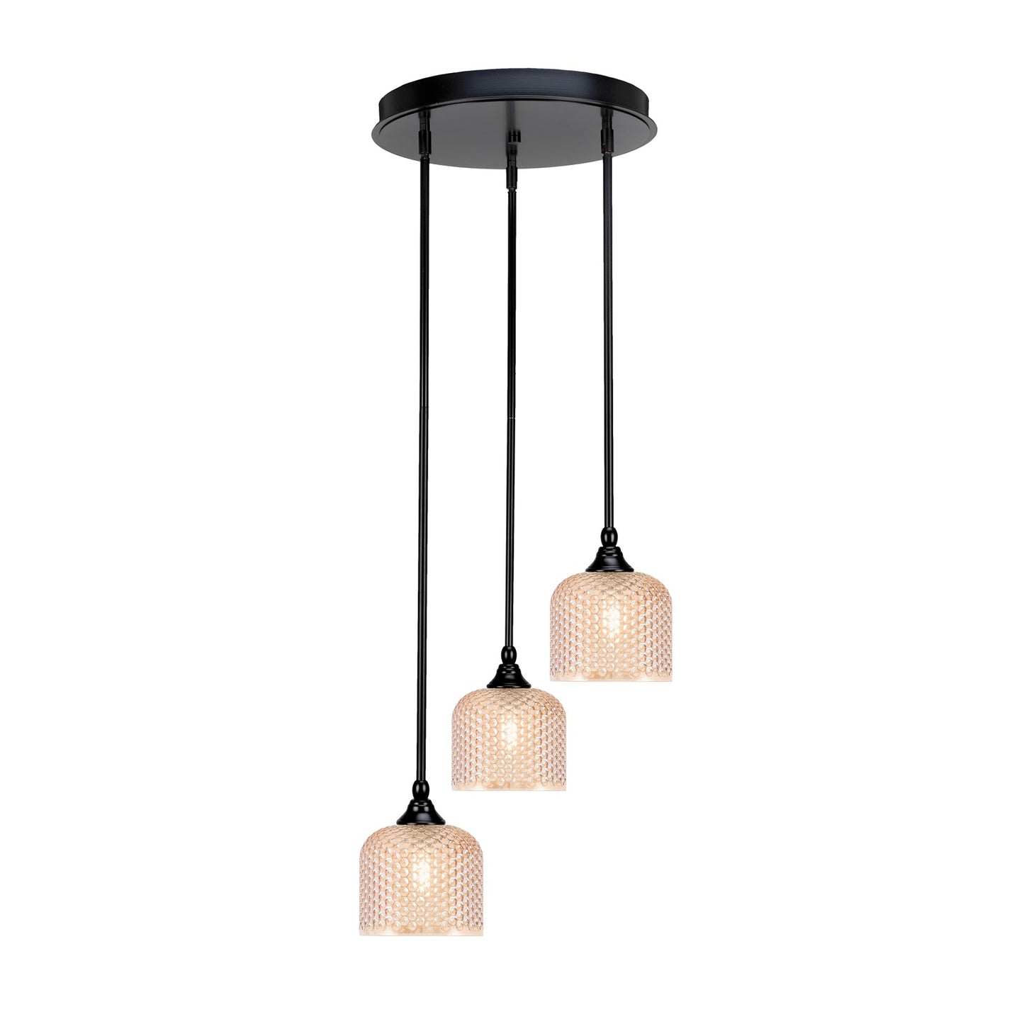 Toltec Empire 15in 3-Light Cluster Pendalier | Industrial Matte Black Steel and Amber Textured Glass | Kitchen Island & Dining Room | 15 x 10.5 in | Model 2143-MB-4613