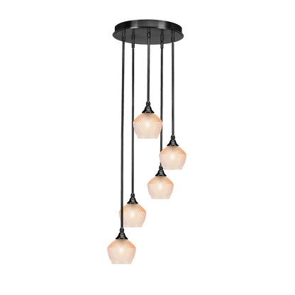 Toltec Empire 15in 5-Light Pendant | Industrial Matte Black Steel and Amber Textured Glass | Kitchen Island & Dining Room | 15.25 x 15.25 x 10.5 in | Model 2145-MB-4623