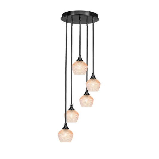 Toltec Empire 15in 5-Light Pendant | Industrial Matte Black Steel and Amber Textured Glass | Kitchen Island & Dining Room | 15.25 x 15.25 x 10.5 in | Model 2145-MB-4623