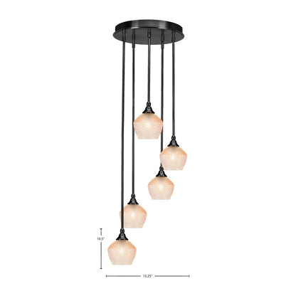 Toltec Empire 15in 5-Light Pendant | Industrial Matte Black Steel and Amber Textured Glass | Kitchen Island & Dining Room | 15.25 x 15.25 x 10.5 in | Model 2145-MB-4623