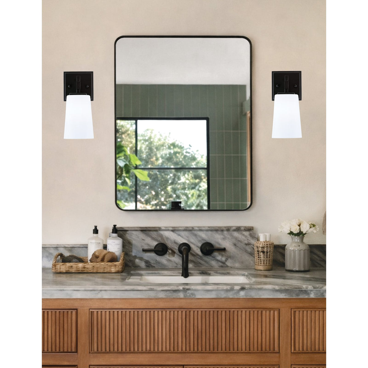 Toltec Corbin 8.75in 1-Light Wall Sconce | Modern Matte Black and White Opal Glass | Bathroom & Hallway | 4.5 x 6.25 x 8.75 in | Model 2311-MB-261