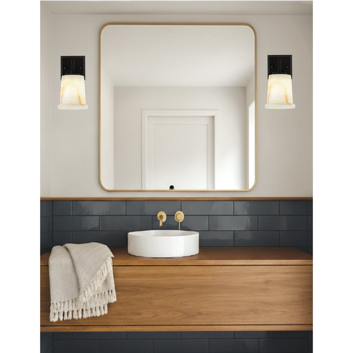 Toltec Corbin 1-Light Wall Sconce | Modern Matte Black and Natural Stone Shade | Bedroom & Hallway Accent Light | Model 2311-MB-4128