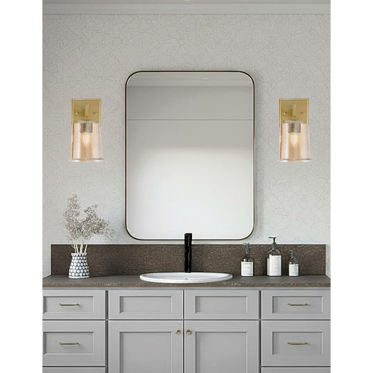 Toltec Corbin 1-Light Wall Sconce | New Age Brass and Amber Bubble Glass | Bedroom & Hallway Accent Light | 5 x 6.5 x 7.75 in | Model 2311-NAB-5033