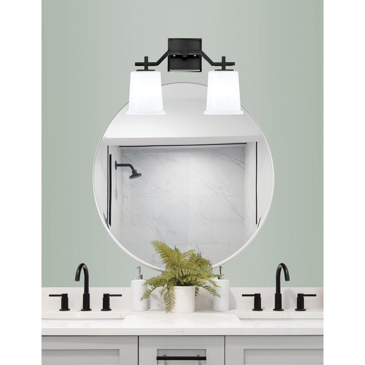 Toltec Corbin 10in 2-Light Bath Bar | Matte Black Steel and White Opal Glass | Bathroom Vanity Light | 5.5 x 10.25 in | Model 2312-MB-5031