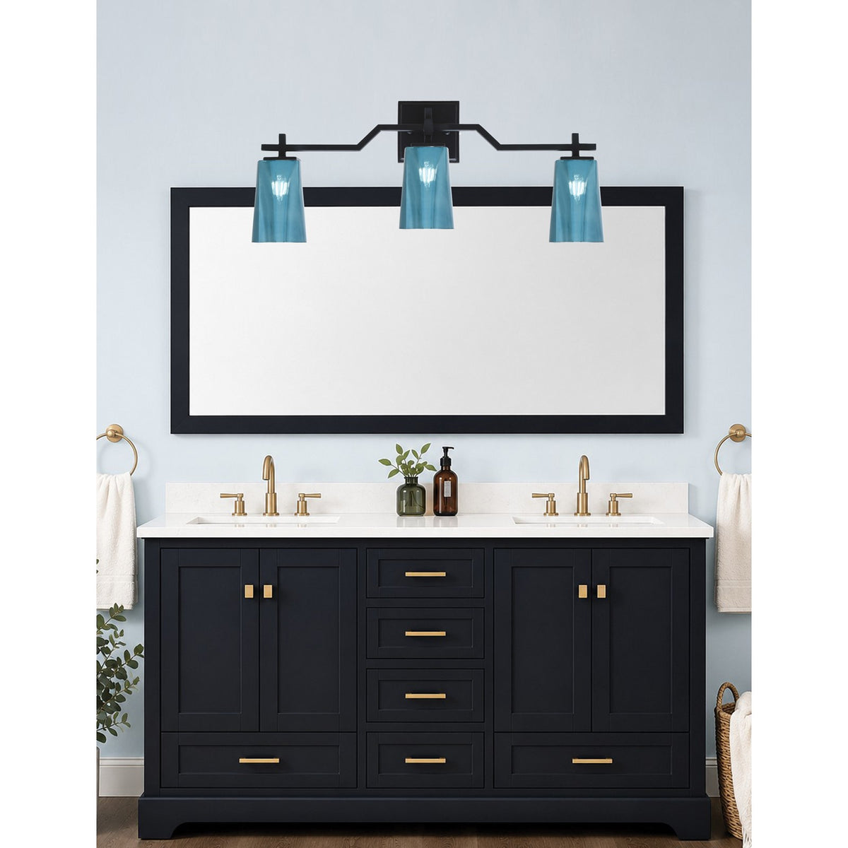 Toltec Corbin 3-Light Bath Bar | Modern Matte Black Steel and Blue Gradient Glass | Bathroom & Powder Room Vanity Light | 5.5 x 11.25 in | Model 2313-MB-265
