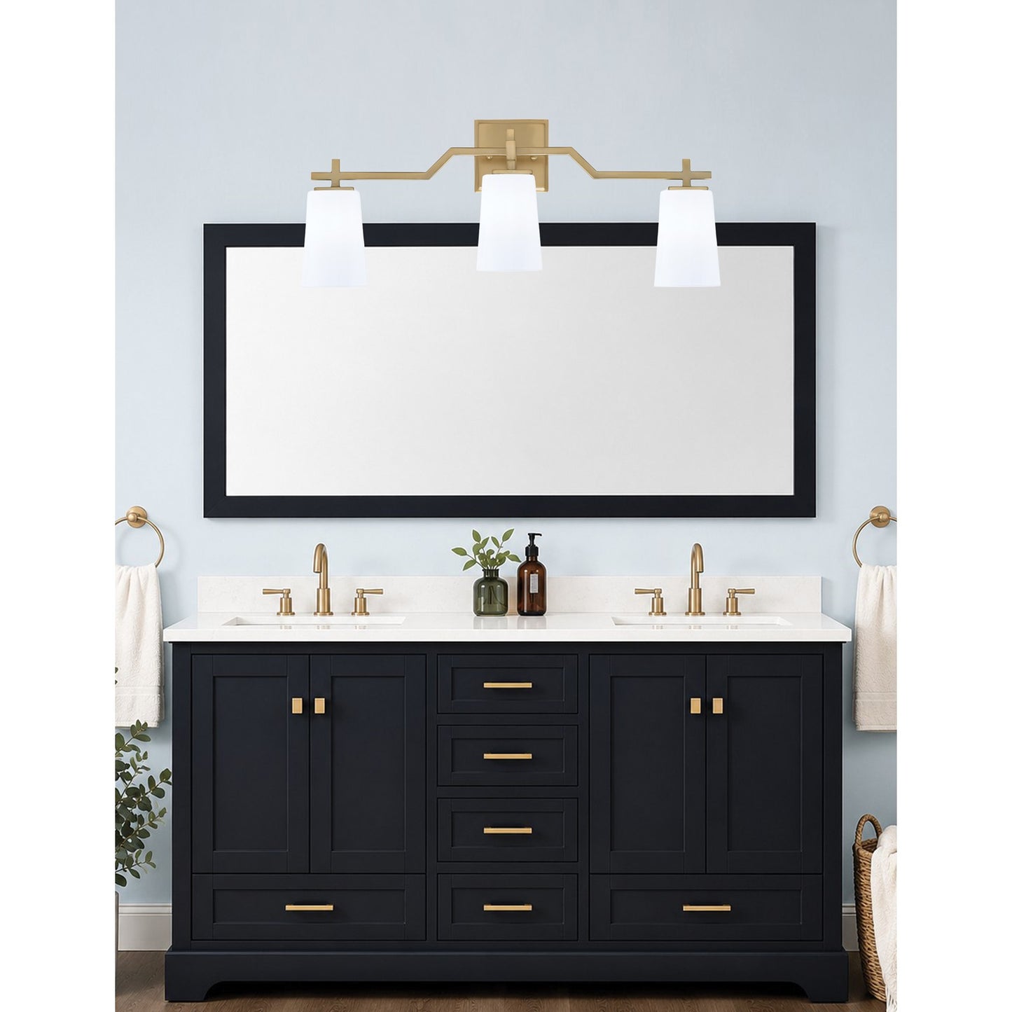 Toltec Corbin 3-Light Bath Bar | Modern New Age Brass Steel and White Opal Glass | Bathroom Vanity & Powder Room | 5.5 x 11.25 in | Model 2313-NAB-261