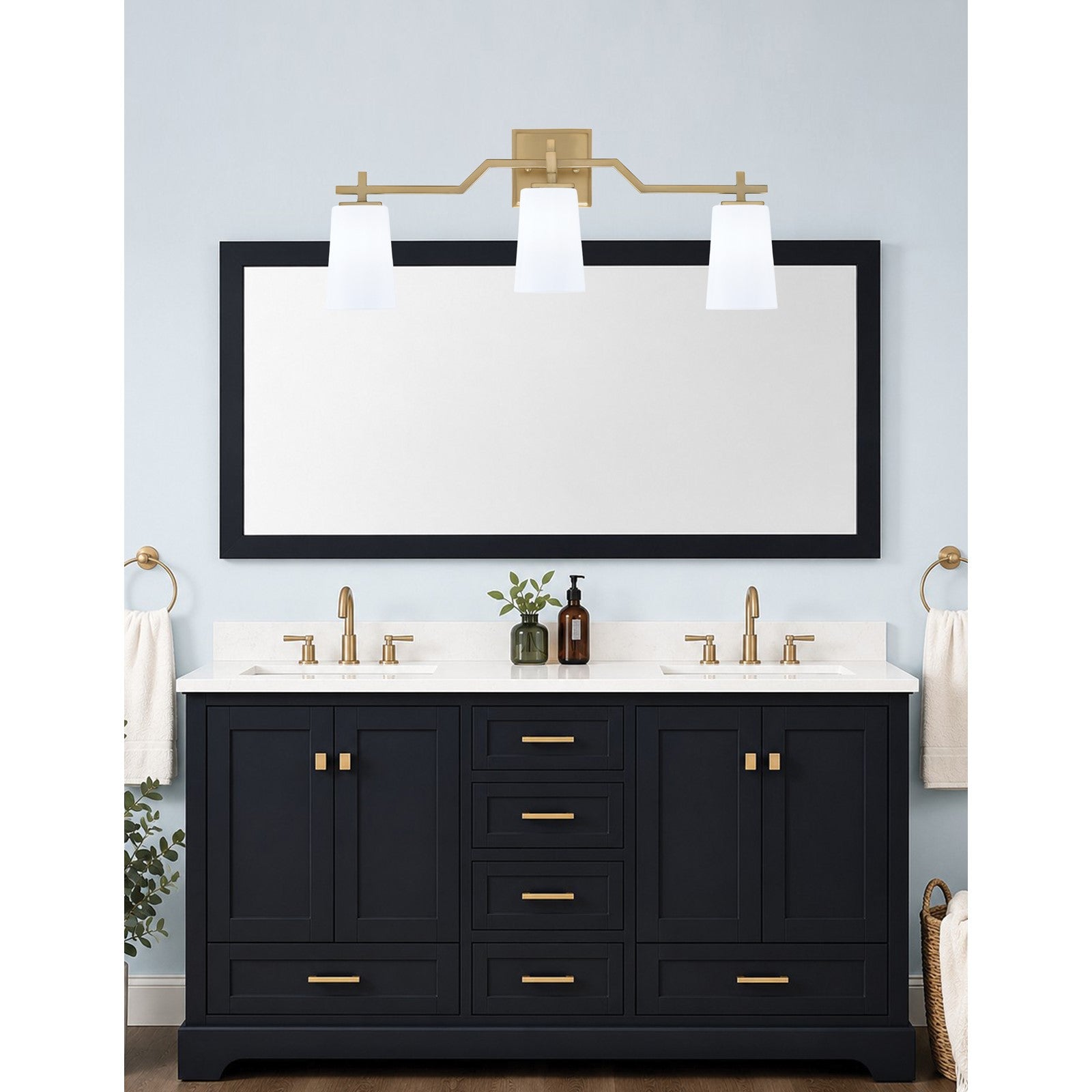 Toltec Corbin 3-Light Bath Bar | Modern New Age Brass Steel and White Opal Glass | Bathroom Vanity & Powder Room | 5.5 x 11.25 in | Model 2313-NAB-261