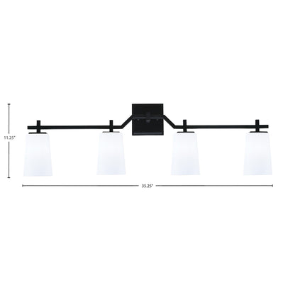 Toltec Corbin 4-Light Bath Bar | Modern Matte Black Steel and White Opal Glass | Bathroom & Vanity Lighting | 5.5 x 11.25 in | Model 2314-MB-261