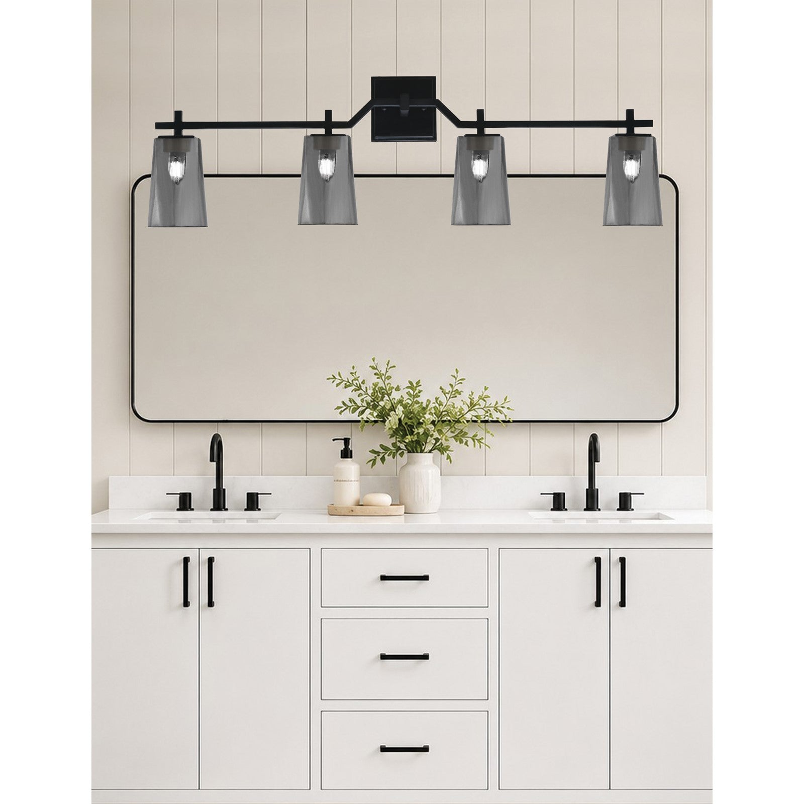 Toltec Corbin 4-Light Bath Bar | Modern Matte Black Steel and Smoke Bubble Glass | Bathroom Vanity Light | 5.5 x 11.25 in | Model 2314-MB-262