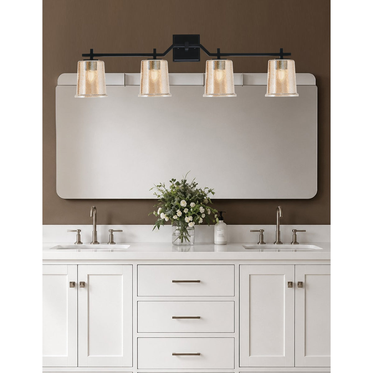 Toltec Corbin 4-Light Bath Bar | Modern Matte Black Steel and Amber Bubble Glass | Bathroom Vanity Light | 5.5 x 10.25 in | Model 2314-MB-5033