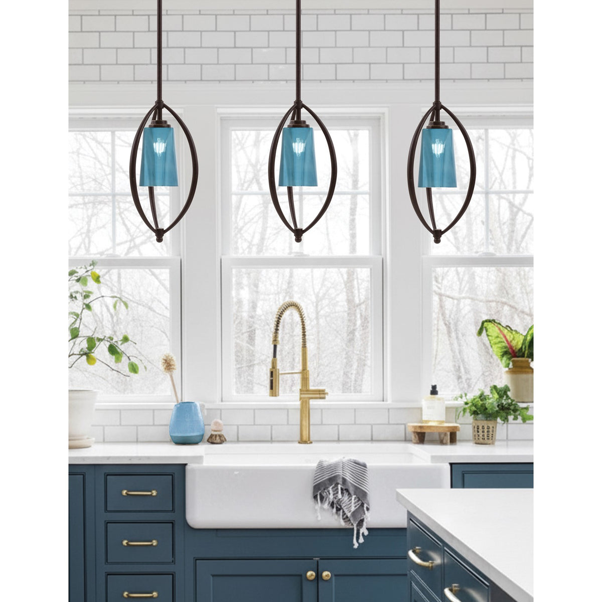 Toltec Marquise 7in 1-Light Mini Pendant | Dark Granite Steel and Blue Gradient Glass | Kitchen Island & Dining Room | Model 2401-DG-265