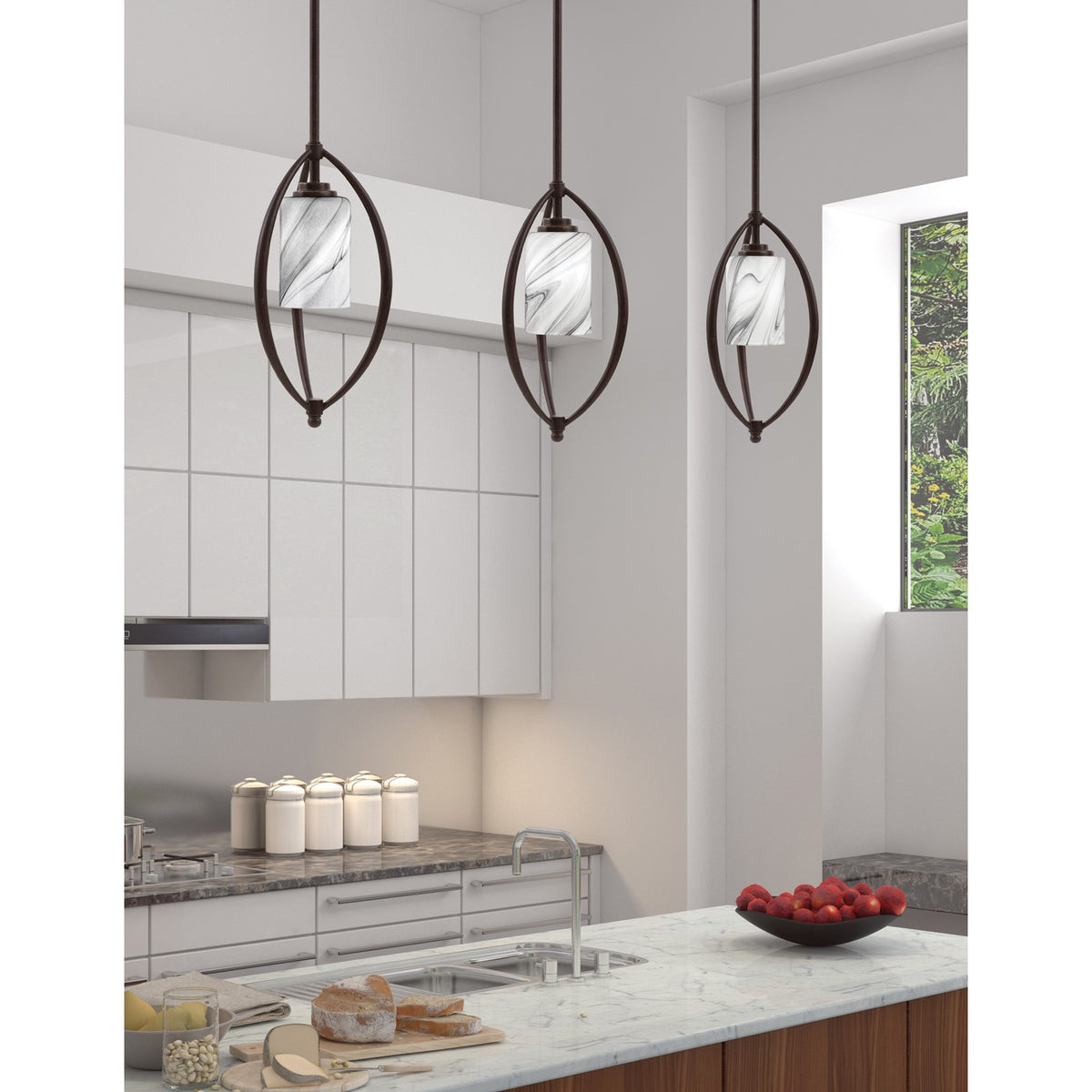 Toltec Marquise 7in 1-Light Mini Pendant | Modern Dark Granite and Onyx Swirl Glass | Kitchen Island & Dining Room | Model 2401-DG-3009