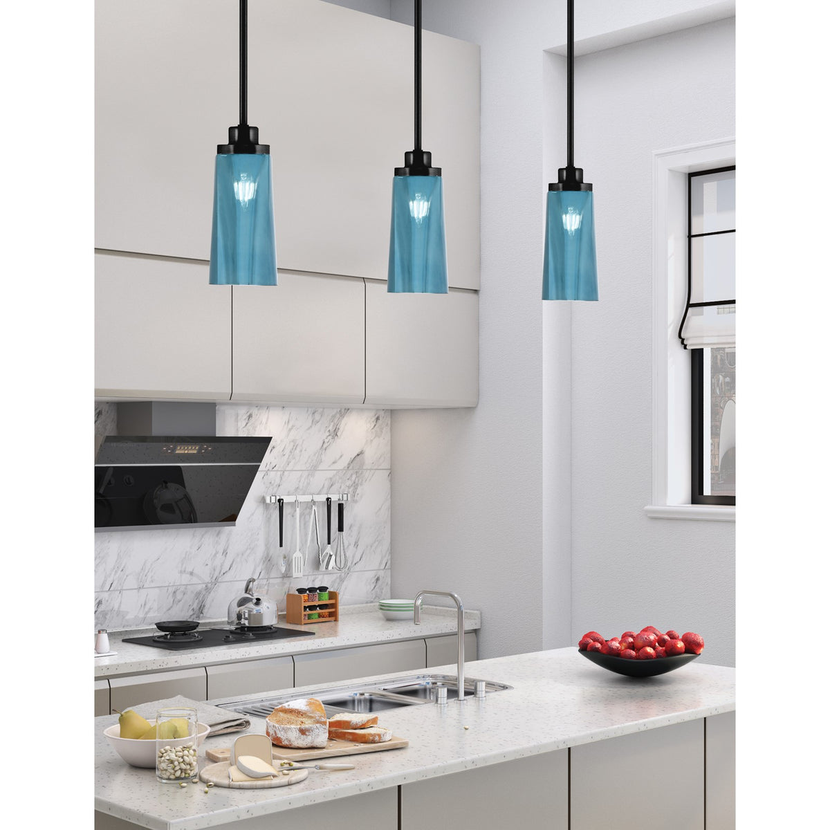 Toltec Odyssey 5in 1-Light Mini Pendant | Modern Matte Black and Blue Gradient Glass | Kitchen Island & Dining Room | 5 x 11.25 in | Model 2601-MB-295
