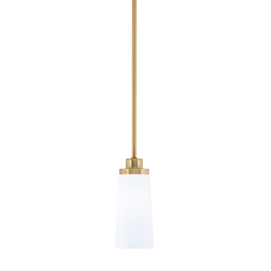 Toltec Odyssey 5in 1-Light Mini Pendant | New Age Brass and White Opal Glass | Kitchen Island & Dining Room | 5 x 11.25 in | Model 2601-NAB-291