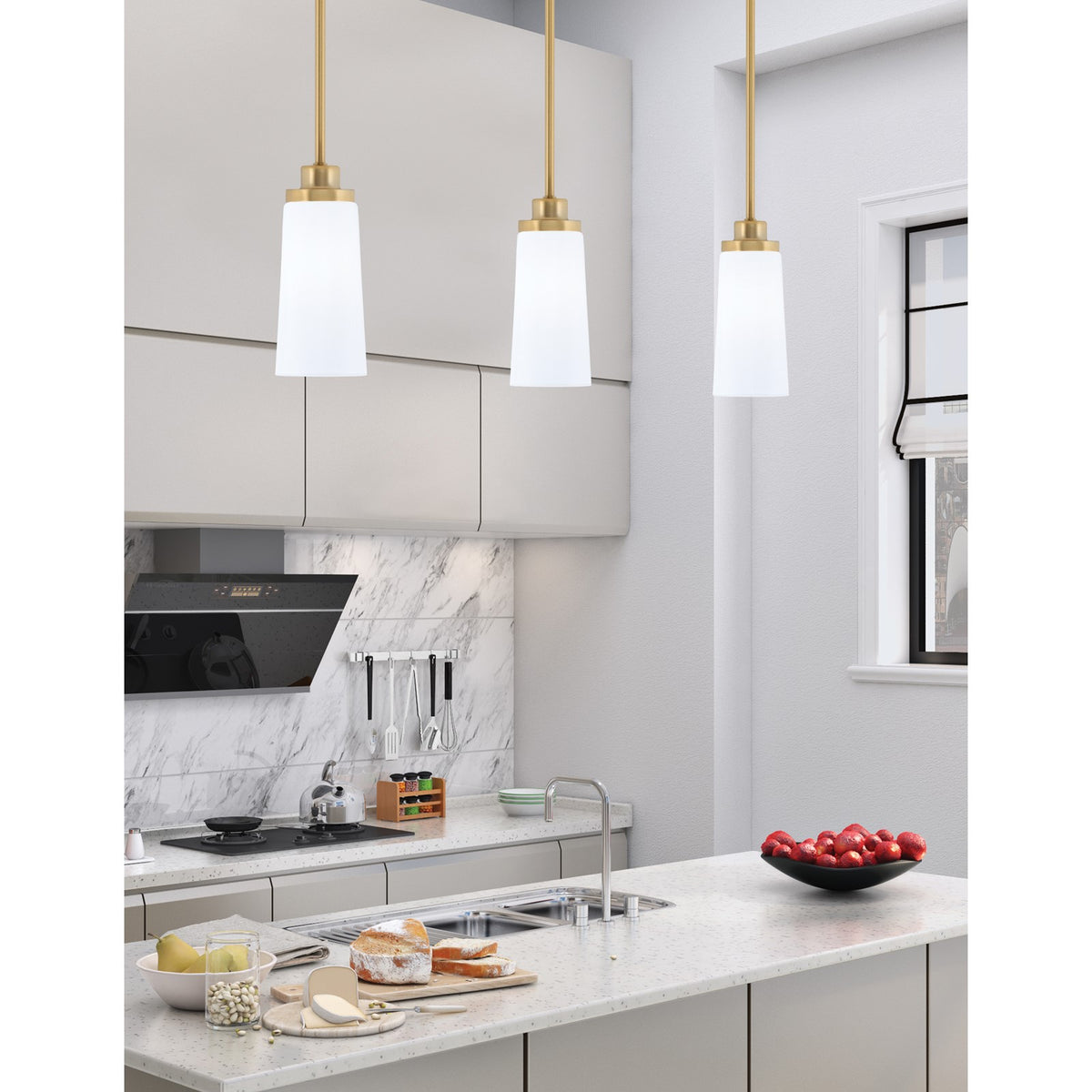Toltec Odyssey 5in 1-Light Mini Pendant | New Age Brass and White Opal Glass | Kitchen Island & Dining Room | 5 x 11.25 in | Model 2601-NAB-291
