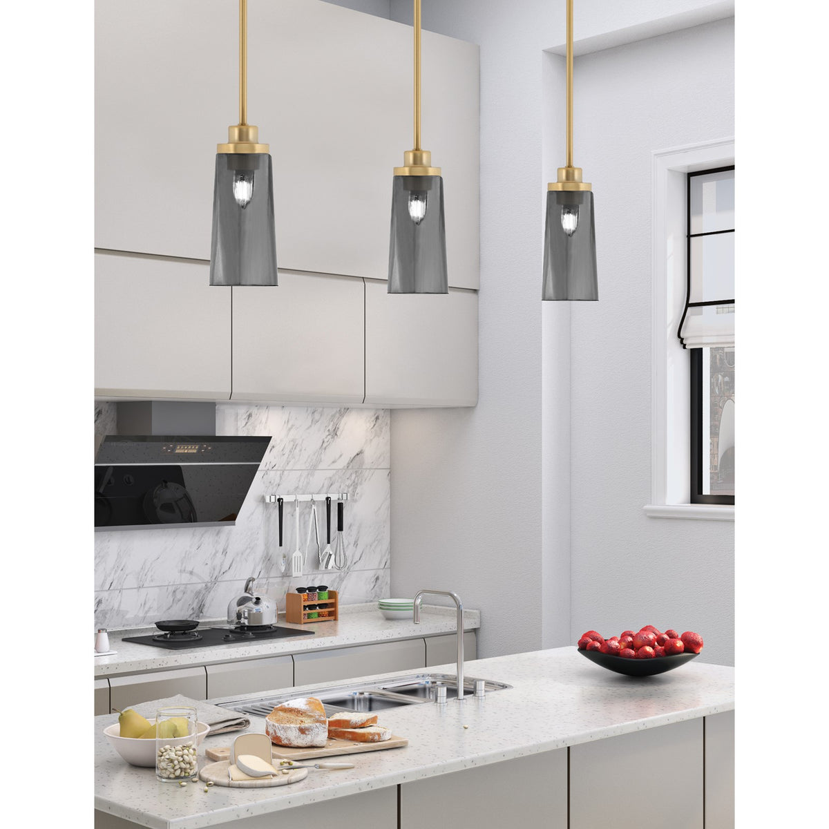 Toltec Odyssey 5in 1-Light Mini Pendant | New Age Brass and Smoke Bubble Glass | Kitchen Island & Dining Room | 5 x 11.25 in | Model 2601-NAB-292