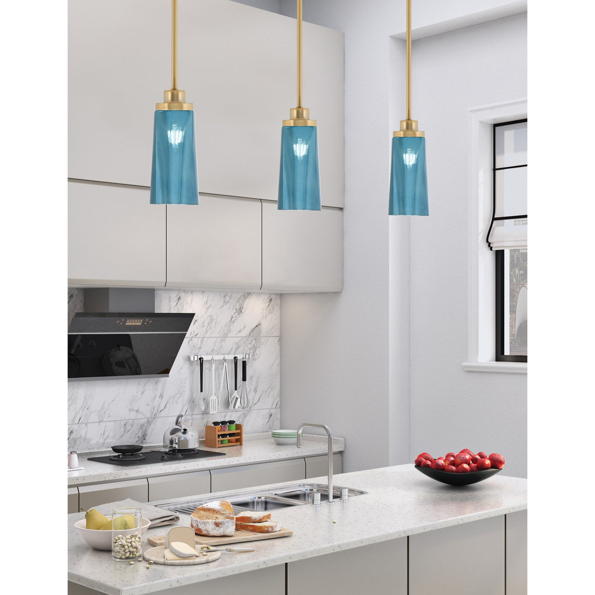 Toltec Odyssey 5in 1-Light Mini Pendant | New Age Brass and Blue Gradient Glass | Kitchen Island & Dining Room | 5 x 11.25 in | Model 2601-NAB-295