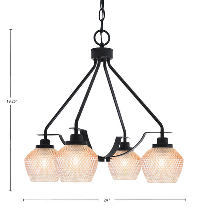 Toltec Odyssey 24in 4-Light Chandelier | Industrial Matte Black Steel and Amber Textured Glass | Dining Room & Living Room | 24 x 19.25 in | Model 2604-MB-4623