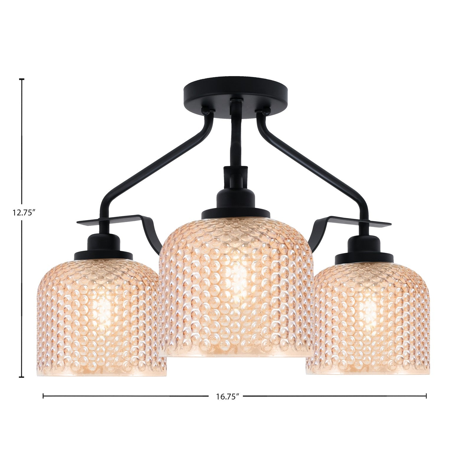 Toltec Odyssey 17in 3-Light Semi-Flush | Modern Matte Black Steel and Amber Textured Glass | Hallway & Entryway | 16.75 x 12.75 in | Model 2607-MB-4613