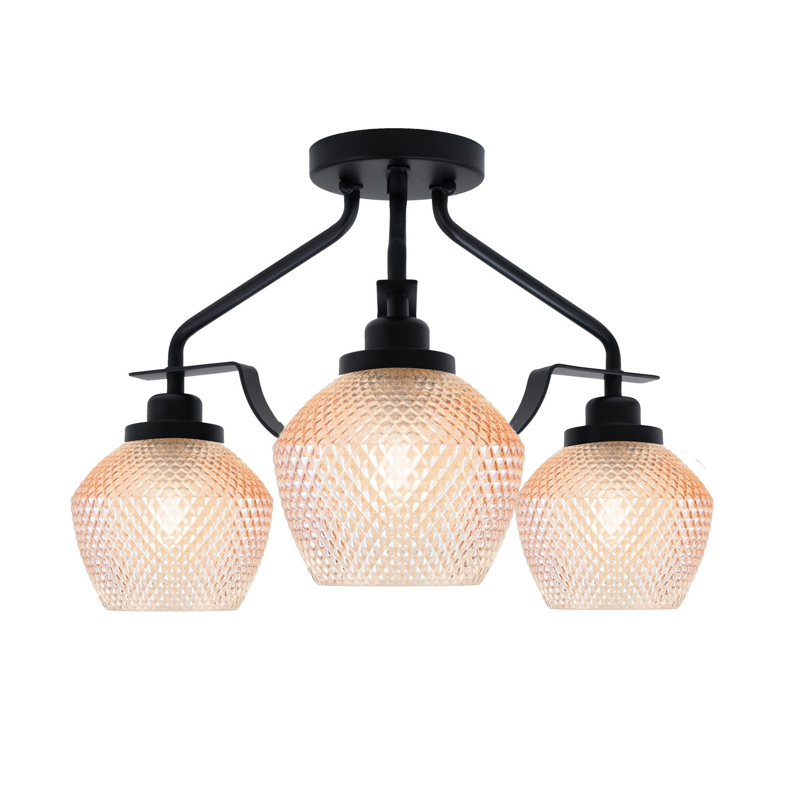 Toltec Odyssey 16.75in 3-Light Semi-Flush | Industrial Matte Black Steel and Amber Textured Glass | Hallway & Bedroom | 16.75 x 12.75 in | Model 2607-MB-4623