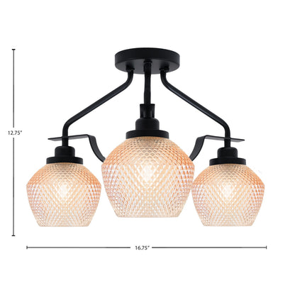 Toltec Odyssey 16.75in 3-Light Semi-Flush | Industrial Matte Black Steel and Amber Textured Glass | Hallway & Bedroom | 16.75 x 12.75 in | Model 2607-MB-4623