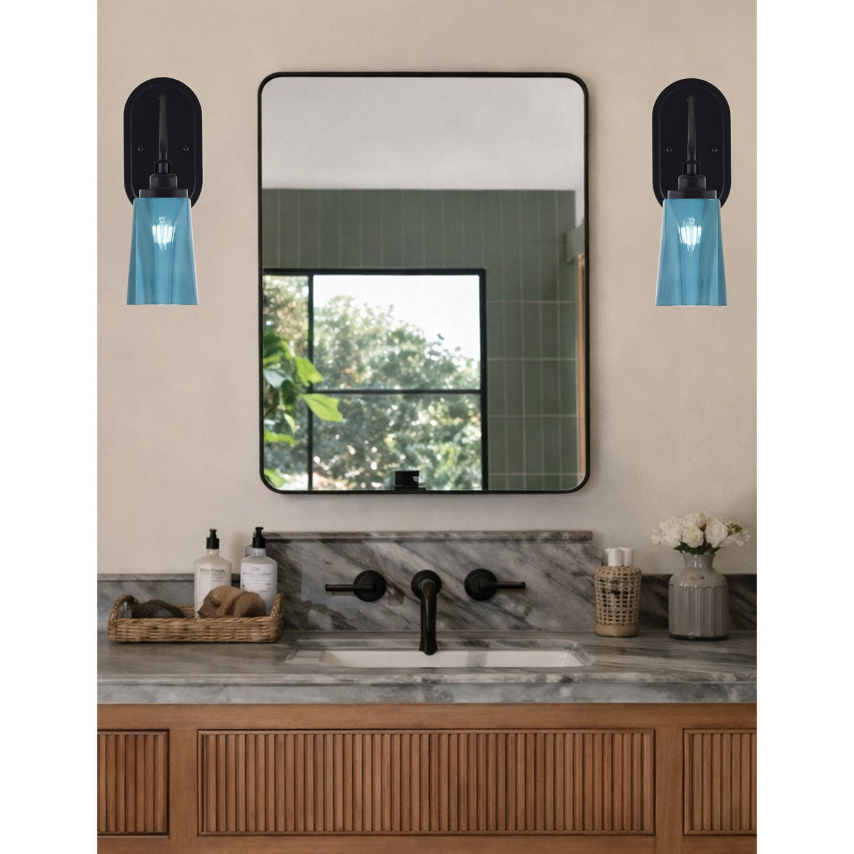 Toltec Odyssey 13.5in 1-Light Wall Sconce | Modern Matte Black and Blue Gradient Glass | Bedroom & Hallway | 5 x 8.25 x 13.5 in | Model 2611-MB-265