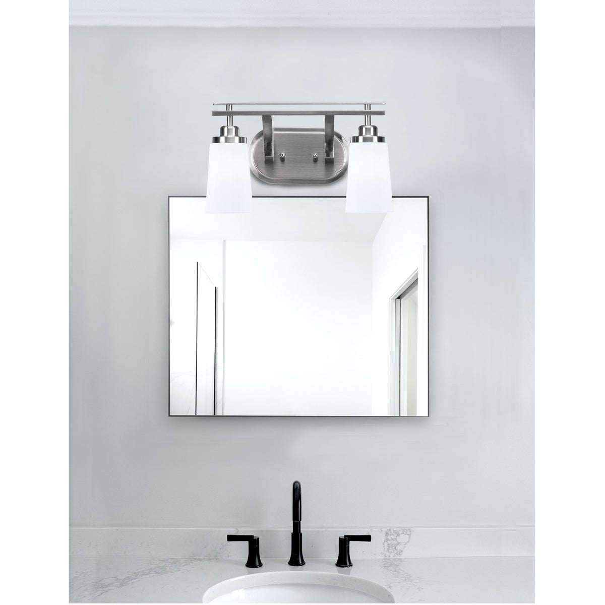 Toltec Odyssey 2-Light Bath Bar | Modern Brushed Nickel and White Opal Glass | Bathroom Vanity & Powder Room | 7.25 x 9.75 in | Model 2612-BN-261