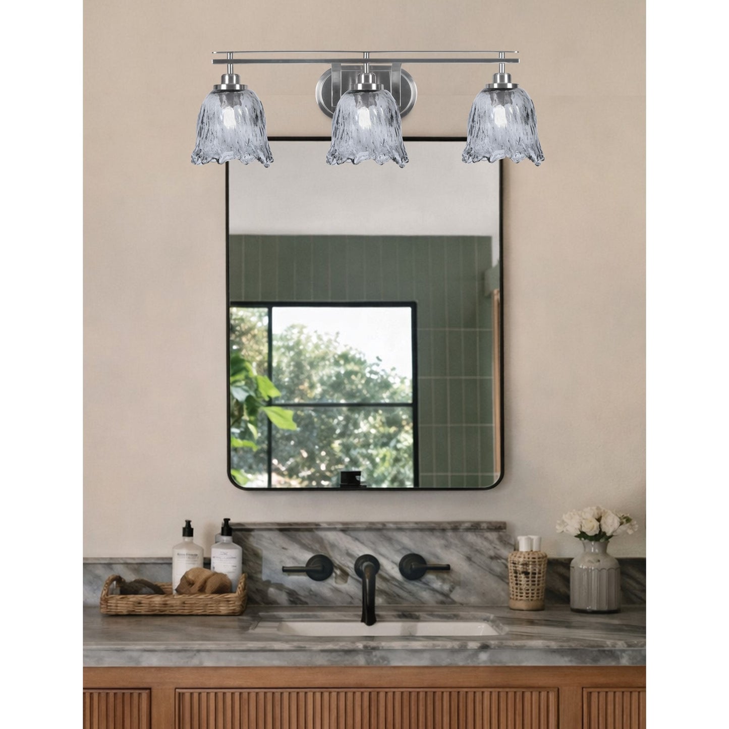 Toltec Odyssey 3-Light Bath Bar | Modern Brushed Nickel Steel and Smoke Textured Glass | Bathroom Vanity & Powder Room | 8 x 9.75 in | Model 2613-BN-4232