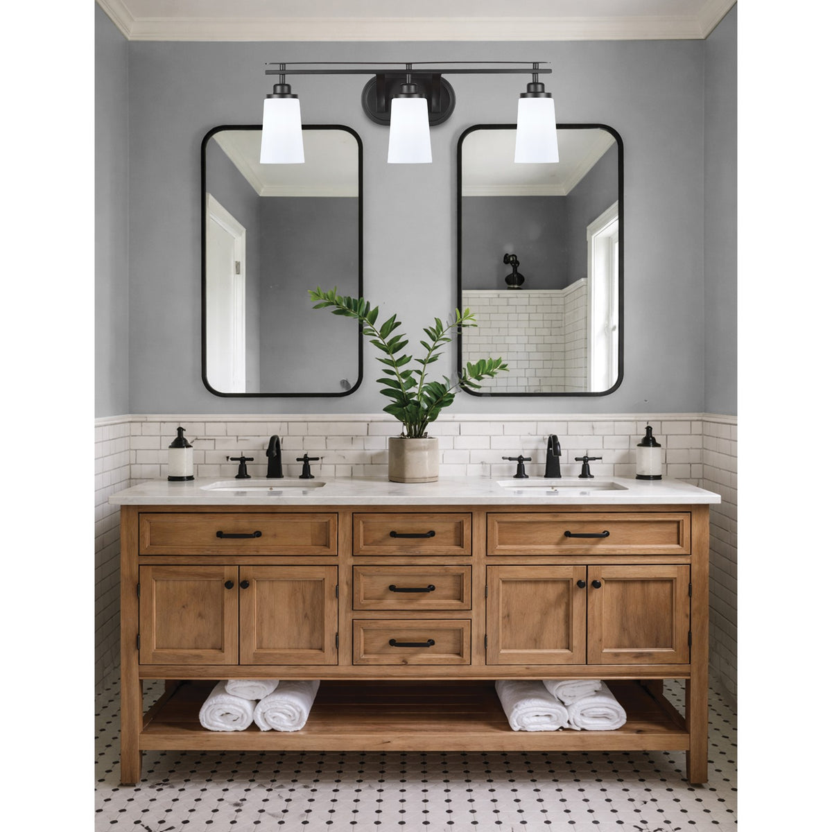 Toltec Odyssey 3-Light Bath Bar | Modern Matte Black and White Opal Glass | Bathroom Vanity & Powder Room | 7.25 x 9.75 in | Model 2613-MB-261